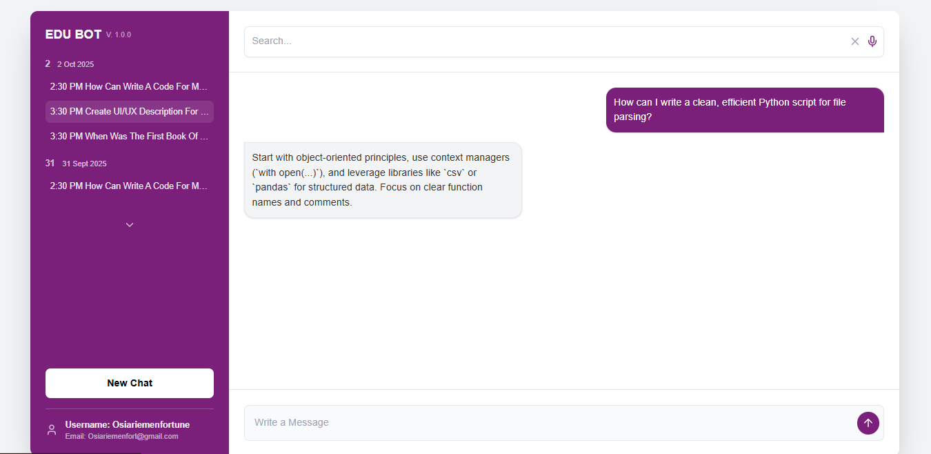 EDU BOT AI Chat Interface Screenshot